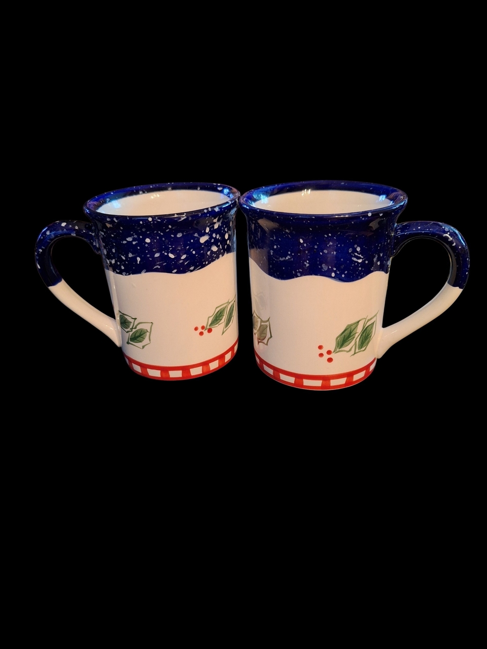 Vintage Holiday Speckled Blue & White Ceramic Mugs - Set of 2